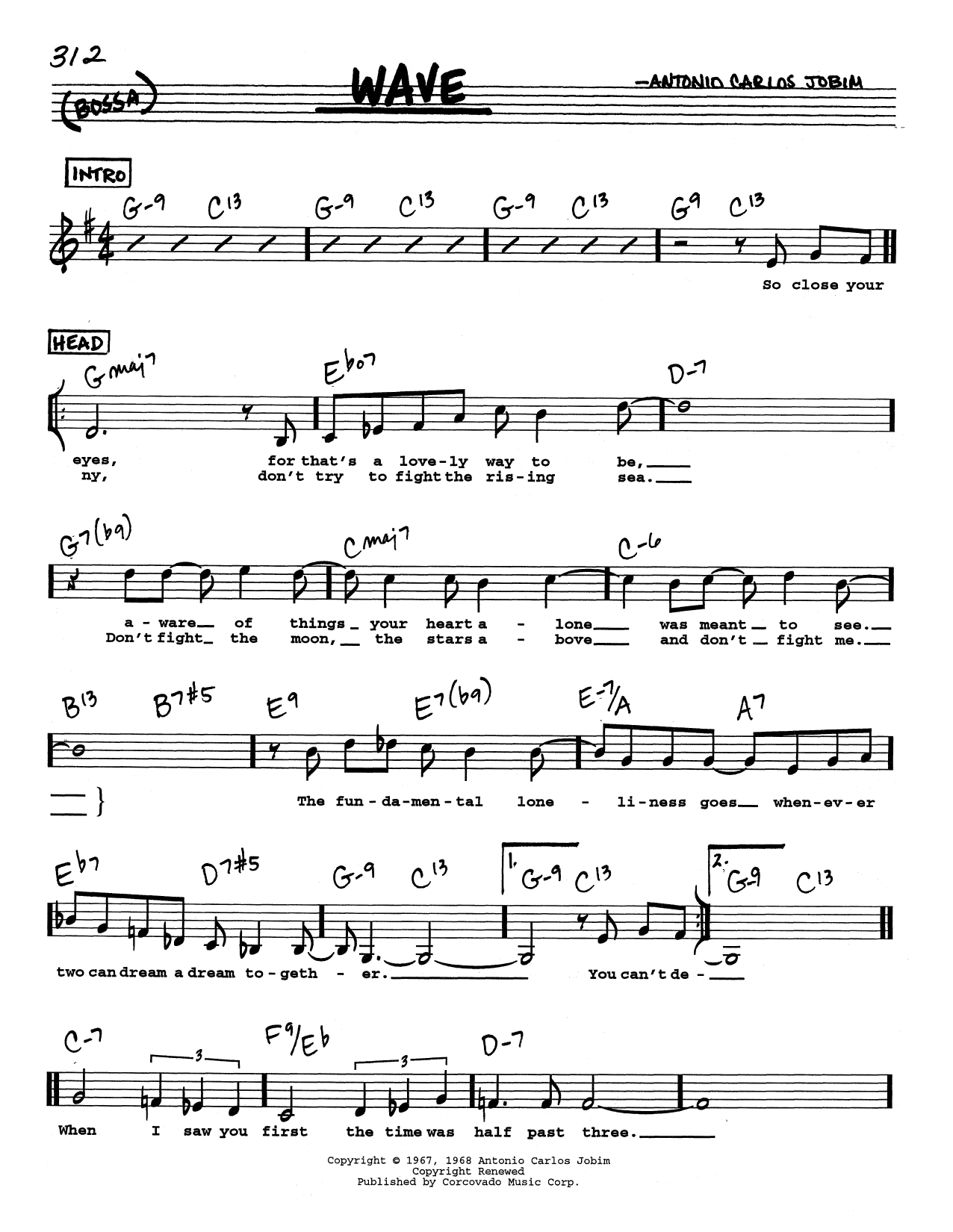 Antonio Carlos Jobim Wave (Low Voice) Sheet Music Notes & Chords for Real Book – Melody, Lyrics & Chords - Download or Print PDF