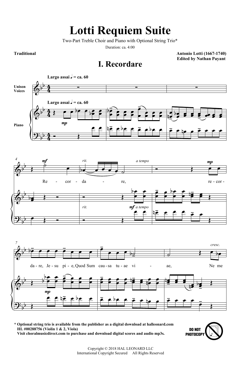 Antonio Lotti Lotti Requiem Suite (arr. Natahn Payant) Sheet Music Notes & Chords for 2-Part Choir - Download or Print PDF