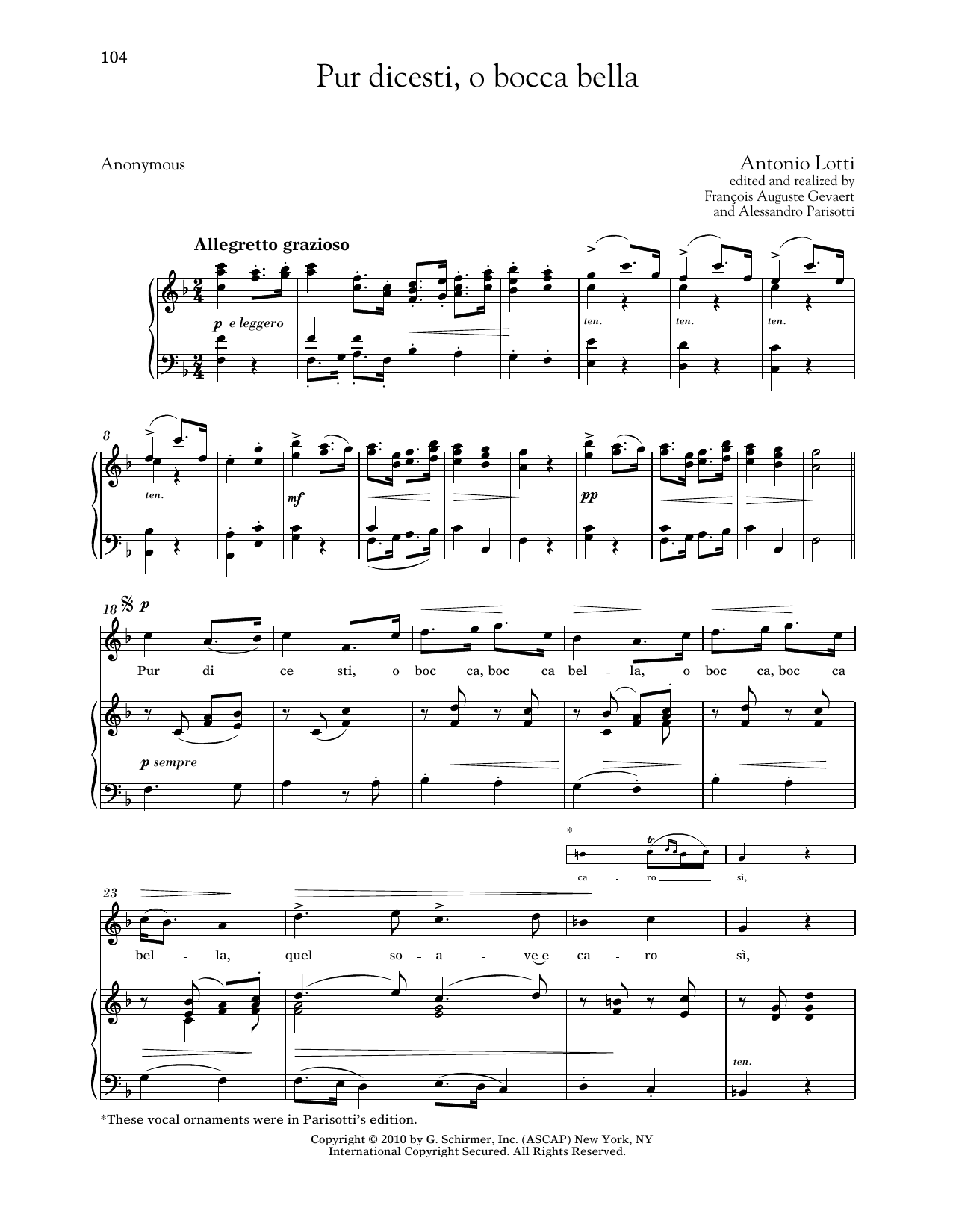 Antonio Lotti Pur Dicesti, O Bocca Bella (High Voice) Sheet Music Notes & Chords for Piano & Vocal - Download or Print PDF