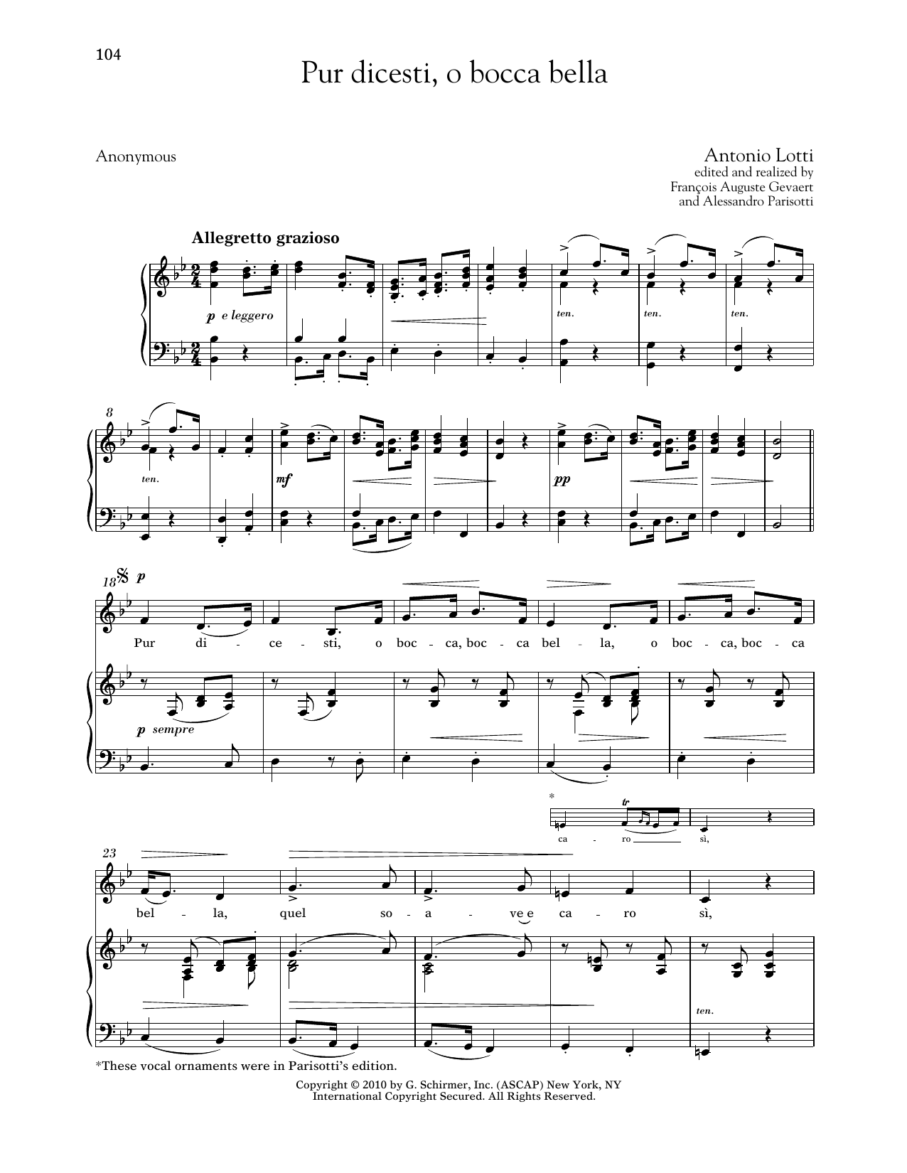 Antonio Lotti Pur Dicesti, O Bocca Bella (Low Voice) Sheet Music Notes & Chords for Piano & Vocal - Download or Print PDF