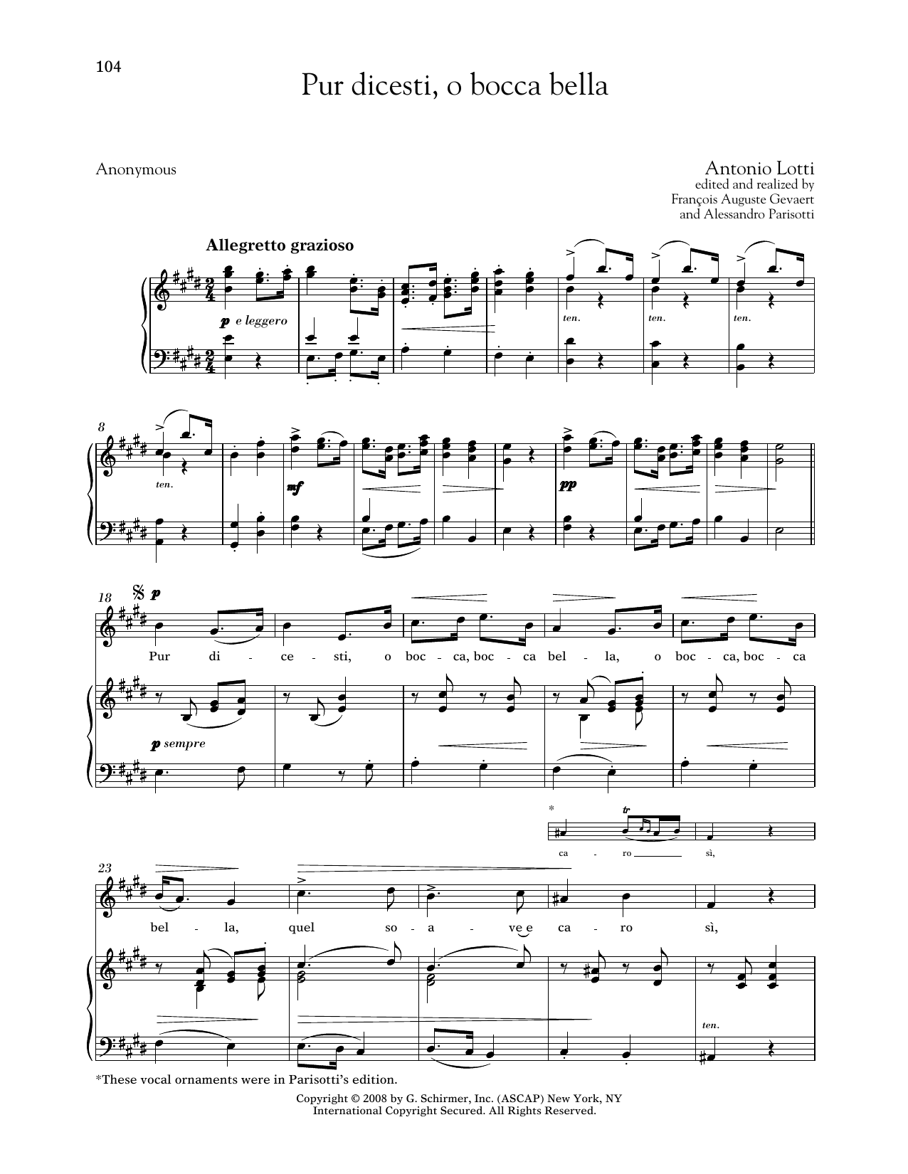 Antonio Lotti Pur Dicesti, O Bocca Bella (Medium High Voice) Sheet Music Notes & Chords for Piano & Vocal - Download or Print PDF