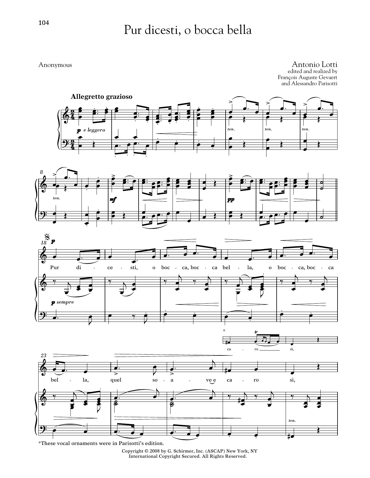 Antonio Lotti Pur Dicesti, O Bocca Bella (Medium Low Voice) Sheet Music Notes & Chords for Piano & Vocal - Download or Print PDF Antonio Lotti Pur Dicesti, O Bocca Bella (Medium Low Voice) Sheet Music Notes & Chords for Piano & Vocal - Download or Print PDF