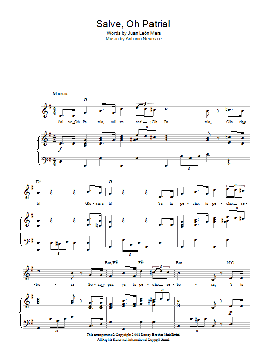 Antonio Neumane Salve, Oh Patria! (Ecuadorian National Anthem) Sheet Music Notes & Chords for Piano, Vocal & Guitar (Right-Hand Melody) - Download or Print PDF