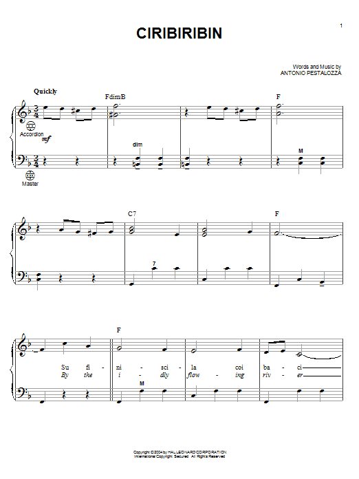 Antonio Pestalozza Ciribiribin Sheet Music Notes & Chords for Piano, Vocal & Guitar Chords (Right-Hand Melody) - Download or Print PDF
