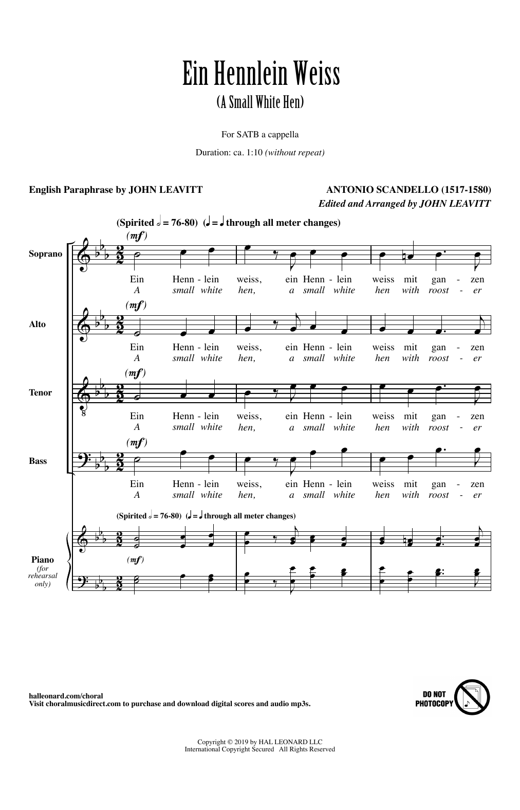Antonio Scandello Ein Hennlein Weiss (arr. John Leavitt) Sheet Music Notes & Chords for SATB Choir - Download or Print PDF