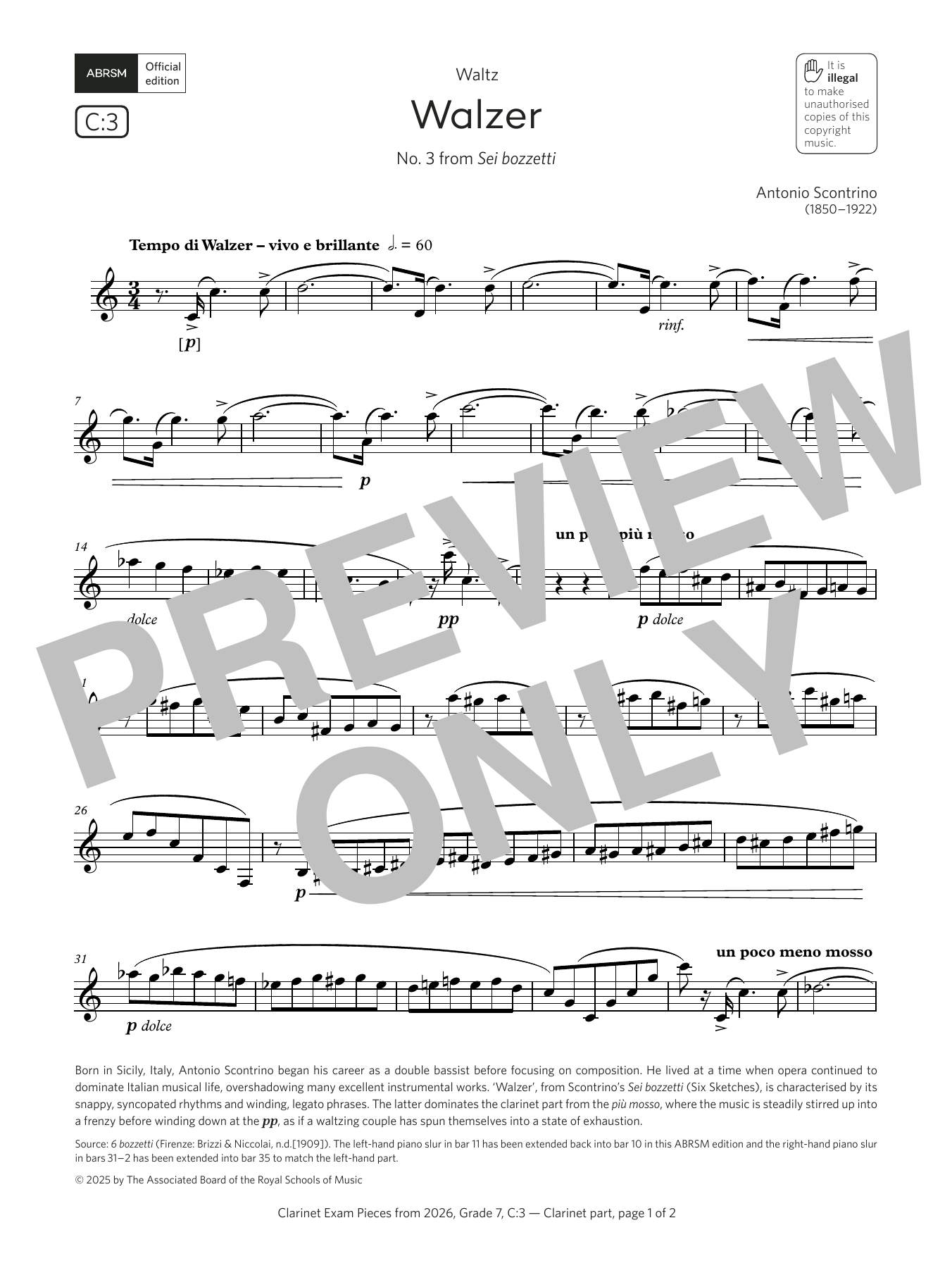 Antonio Scontrino Walzer (Grade 7, list C3, from the ABRSM Clarinet Syllabus from 2026) Sheet Music Notes & Chords for Clarinet Solo - Download or Print PDF Antonio Scontrino Walzer (Grade 7, list C3, from the ABRSM Clarinet Syllabus from 2026) Sheet Music Notes & Chords for Clarinet Solo - Download or Print PDF