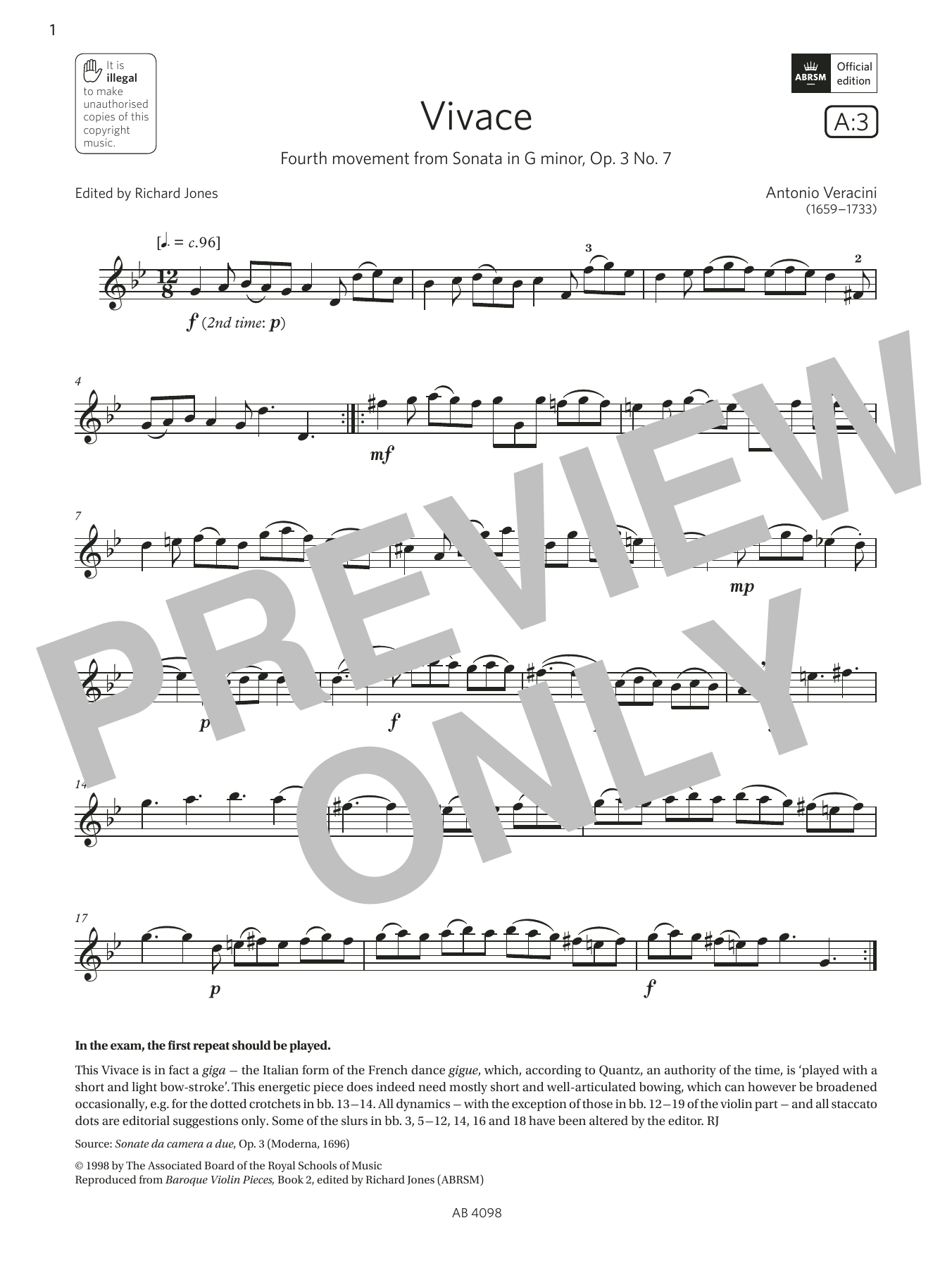 Antonio Veracini Vivace (Grade 4, A3, from the ABRSM Violin Syllabus from 2024) Sheet Music Notes & Chords for Violin Solo - Download or Print PDF