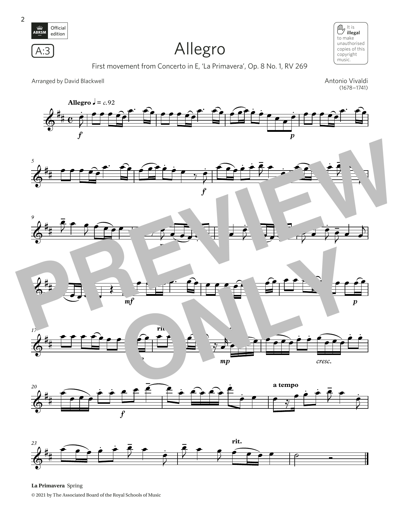 Antonio Vivaldi Allegro (from Concerto in E, Op.8 No.1) (Grade 3 A3 from the ABRSM Saxophone syllabus from 2022) Sheet Music Notes & Chords for Alto Sax Solo - Download or Print PDF