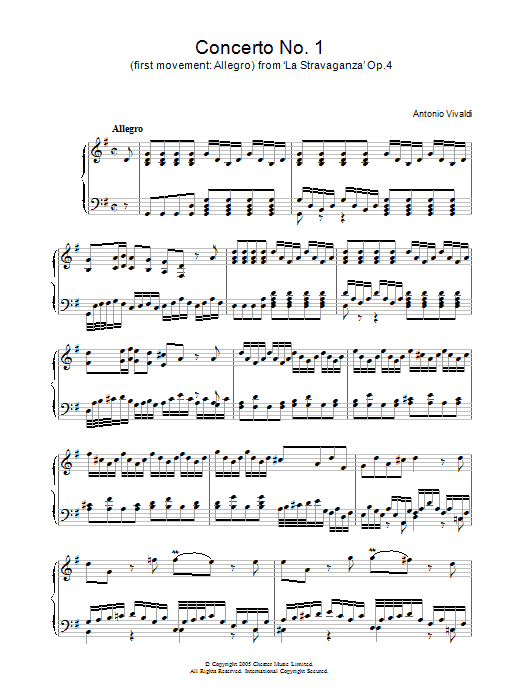 Antonio Vivaldi Concerto No.1 (1st Movement: Allegro) from ‘La Stravaganza' Op.4 Sheet Music Notes & Chords for Piano - Download or Print PDF