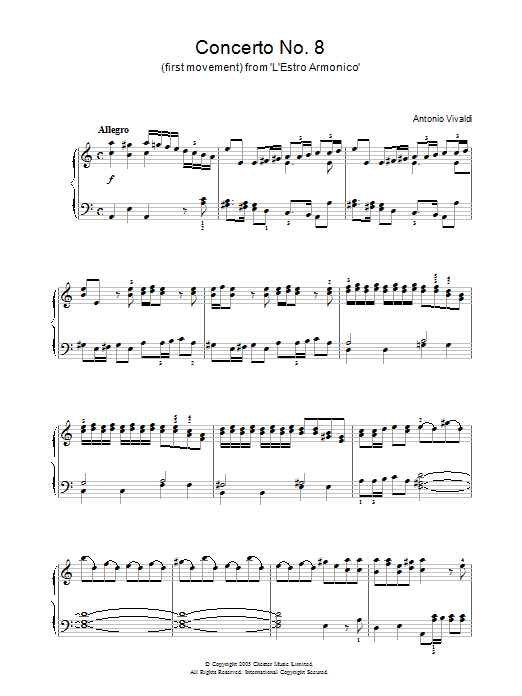 Antonio Vivaldi Concerto No.8 (1st Movement: Allegro) from ‘L'Estro Armonico' Op.3 Sheet Music Notes & Chords for Piano - Download or Print PDF