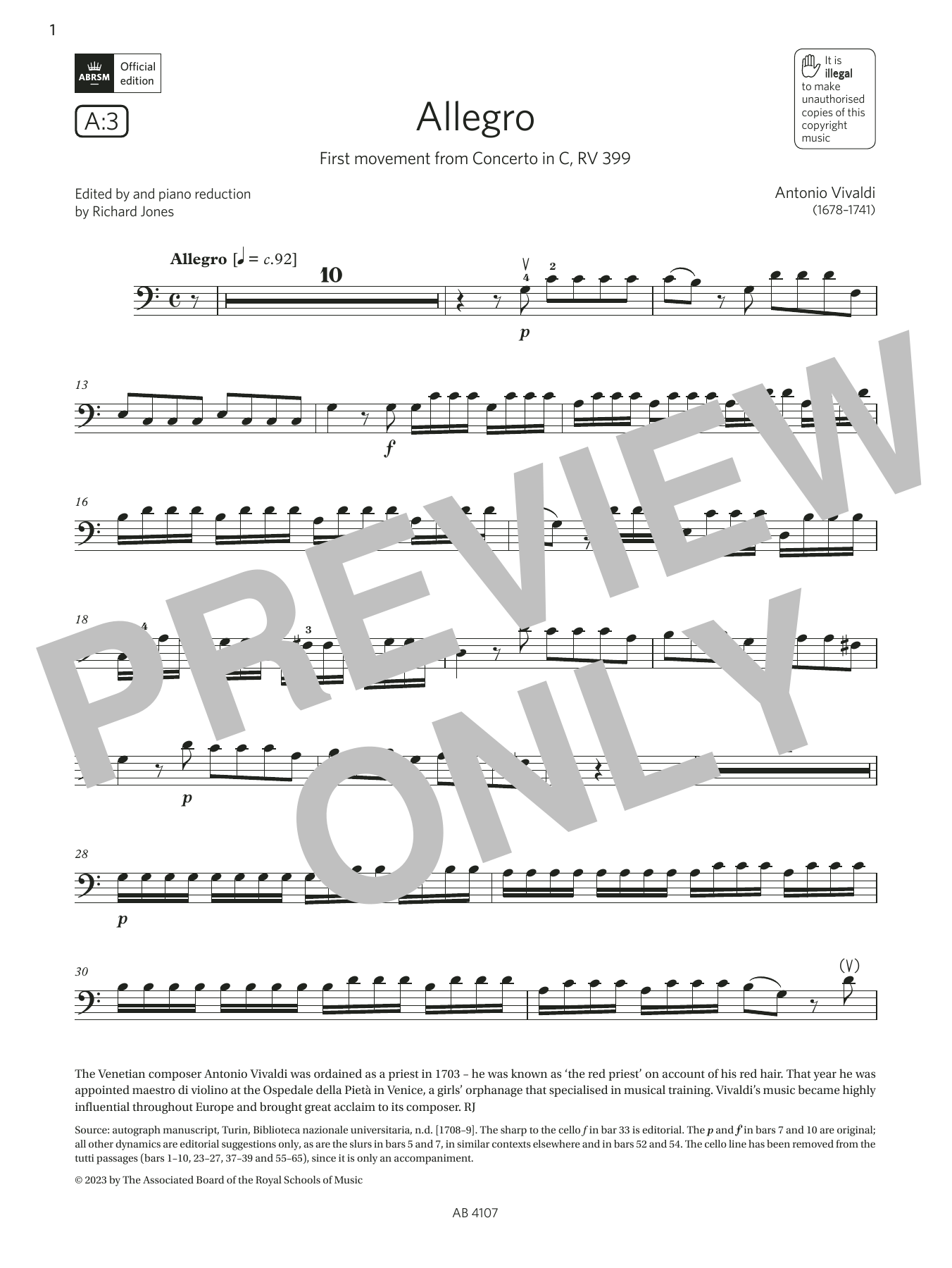 Antonio Vivaldi Allegro (Grade 4, A3, from the ABRSM Cello Syllabus from 2024) Sheet Music Notes & Chords for Cello Solo - Download or Print PDF