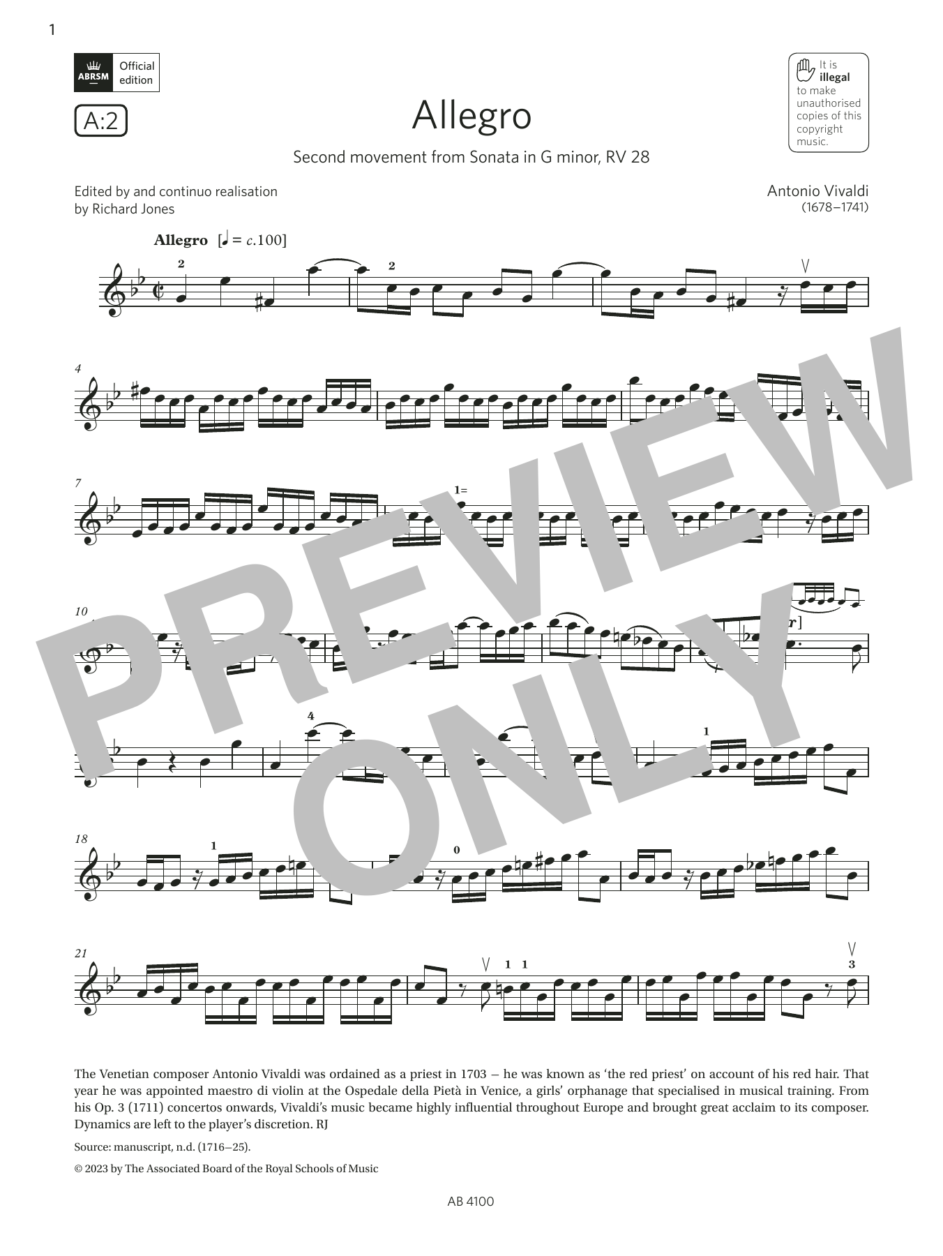 Antonio Vivaldi Allegro (Grade 6, A2, from the ABRSM Violin Syllabus from 2024) Sheet Music Notes & Chords for Violin Solo - Download or Print PDF