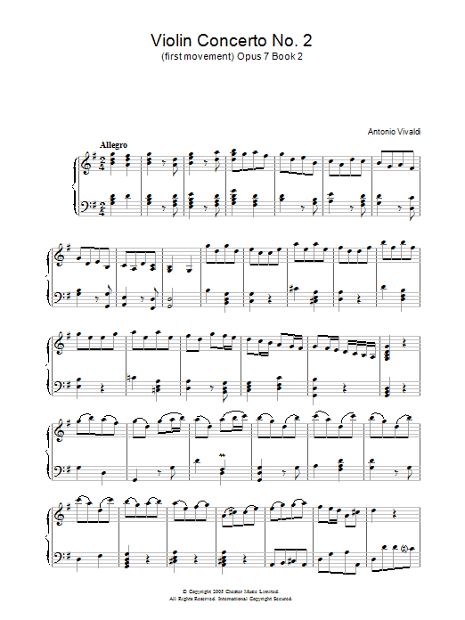 Antonio Vivaldi Violin Concerto No.2 (1st Movement: Allegro Op.7, Book 2 Sheet Music Notes & Chords for Piano - Download or Print PDF Antonio Vivaldi Violin Concerto No.2 (1st Movement: Allegro Op.7, Book 2 Sheet Music Notes & Chords for Piano - Download or Print PDF