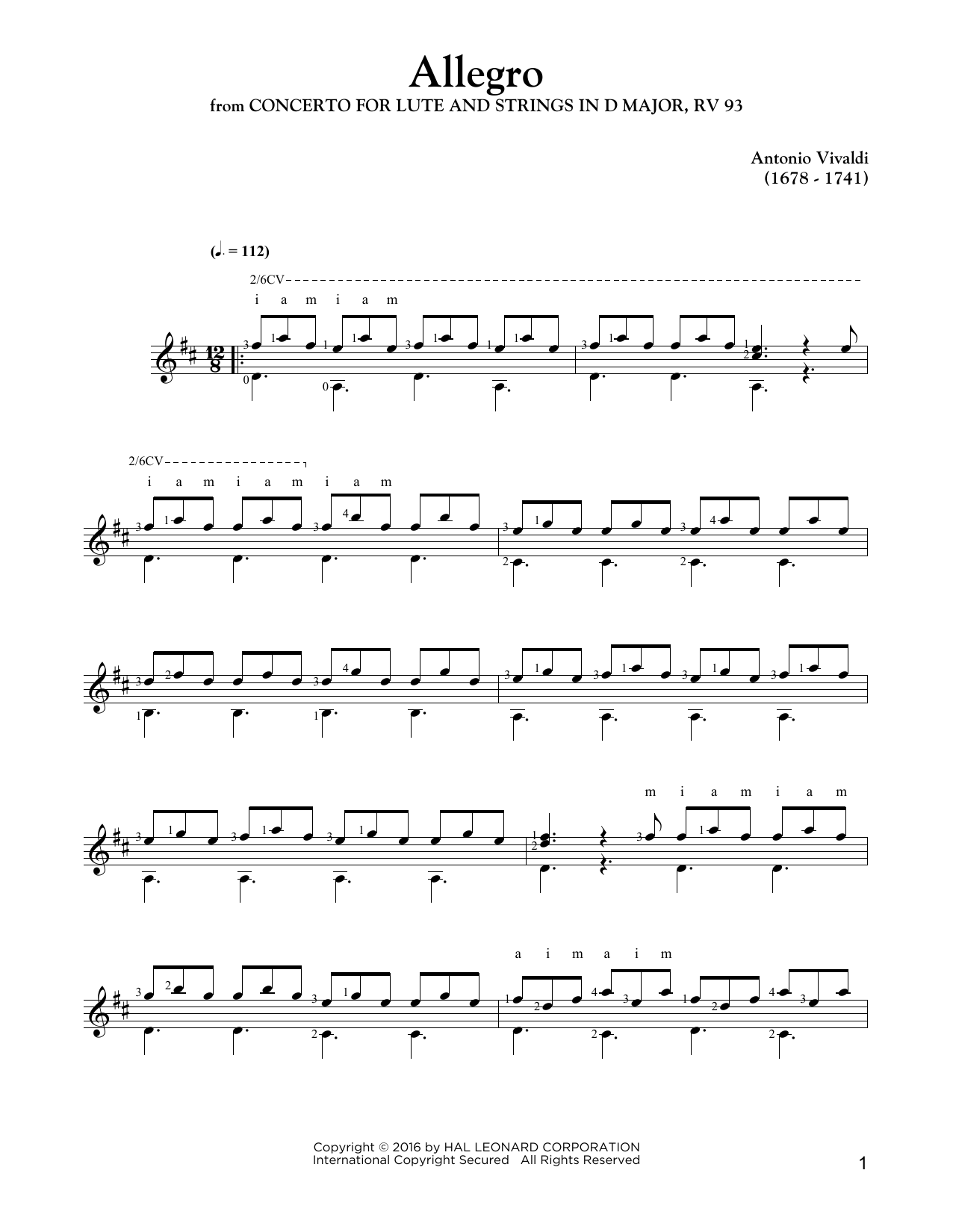 Antonio Vivaldi Allegro Sheet Music Notes & Chords for Solo Guitar - Download or Print PDF