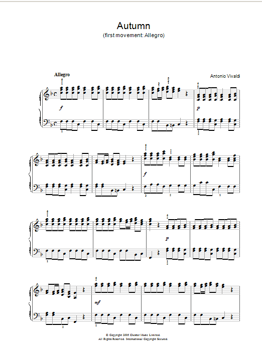Antonio Vivaldi Autumn (1st Movement: Allegro) Sheet Music Notes & Chords for Piano - Download or Print PDF