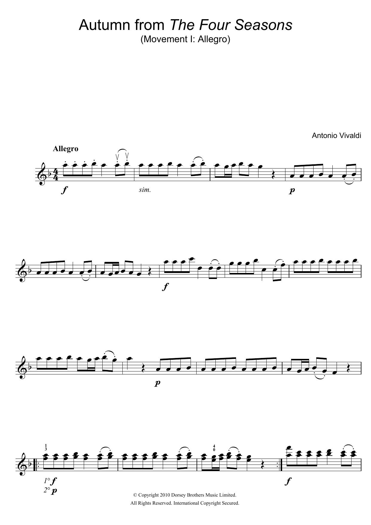 Antonio Vivaldi Autumn (from The Four Seasons), 1st Movement Sheet Music Notes & Chords for Violin - Download or Print PDF