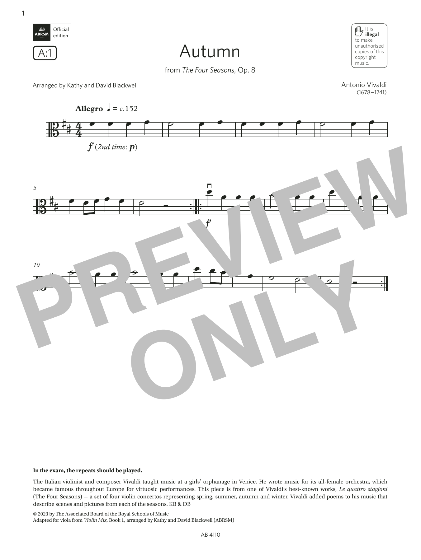 Antonio Vivaldi Autumn (Grade Initial, A1, from the ABRSM Viola Syllabus from 2024) Sheet Music Notes & Chords for Viola Solo - Download or Print PDF