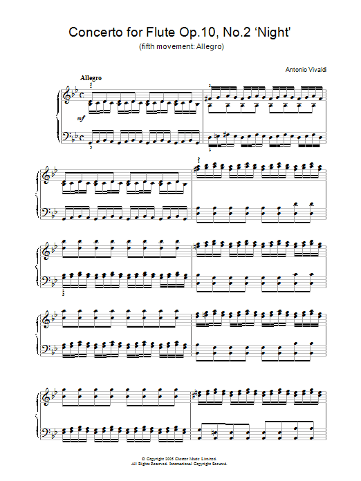 Antonio Vivaldi Concerto for Flute Op.10, No.2 ‘Night' (5th Movement: Allegro) Sheet Music Notes & Chords for Piano - Download or Print PDF
