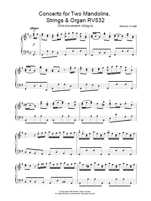 Antonio Vivaldi Concerto for Two Mandolins, Strings & Organ RV532 (1st Movement: Allegro) Sheet Music Notes & Chords for Piano - Download or Print PDF