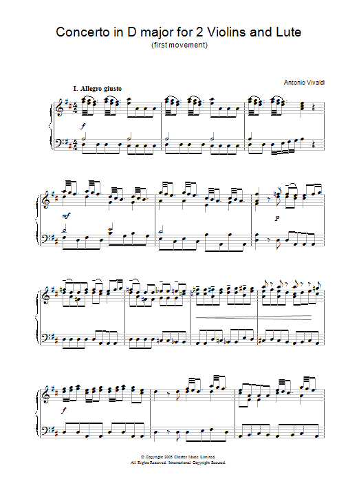 Antonio Vivaldi Concerto in D major for 2 Violins and Lute (1st Movement) Sheet Music Notes & Chords for Piano - Download or Print PDF