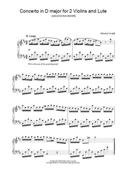 Antonio Vivaldi Concerto in D major for 2 Violins and Lute (2nd Movement) Sheet Music Notes & Chords for Piano - Download or Print PDF