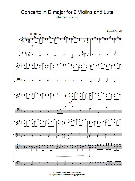 Antonio Vivaldi Concerto in D major for 2 Violins and Lute (3rd Movement) Sheet Music Notes & Chords for Piano - Download or Print PDF