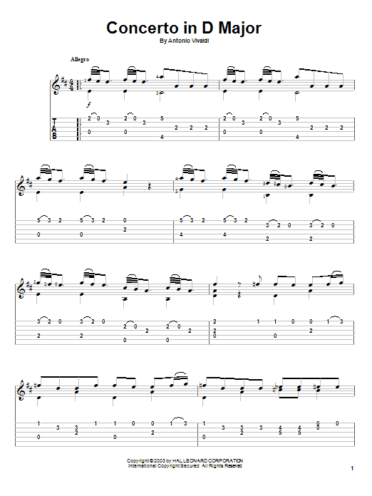 Antonio Vivaldi Concerto In D Major Sheet Music Notes & Chords for Guitar Tab - Download or Print PDF