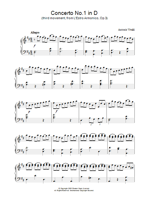 Antonio Vivaldi Concerto No.1 (3rd Movement: Allegro) from ‘L'Estro Armonico' Op.3 Sheet Music Notes & Chords for Piano - Download or Print PDF
