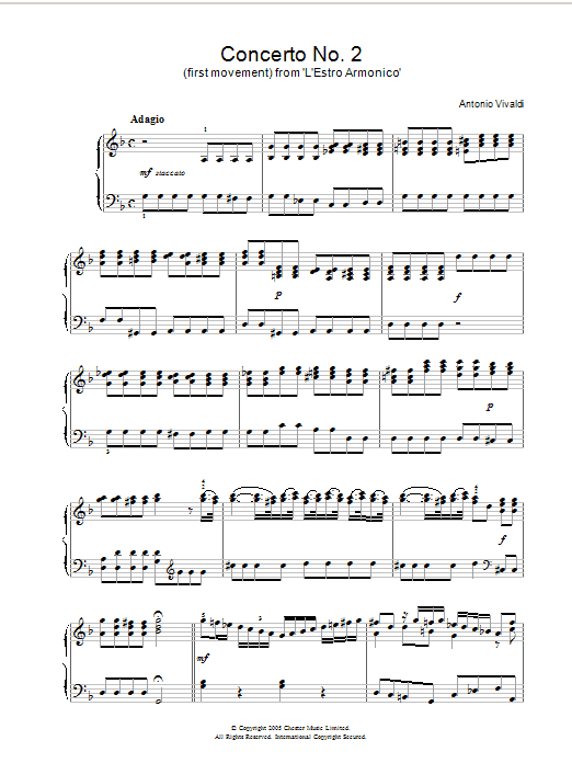 Antonio Vivaldi Concerto No.2 (1st Movement: Adagio) from ‘L'Estro Armonico' Op.3 Sheet Music Notes & Chords for Piano - Download or Print PDF