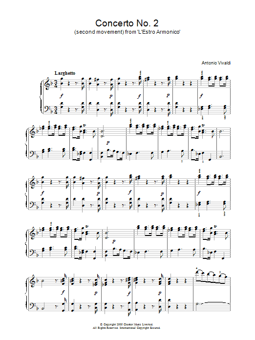 Antonio Vivaldi Concerto No.2 (2nd Movement: Larghetto) from ‘L'Estro Armonico' Op.3 Sheet Music Notes & Chords for Piano - Download or Print PDF