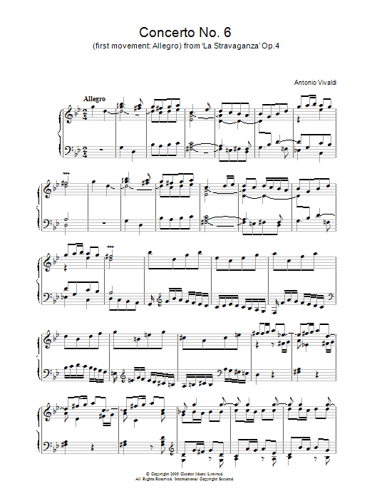 Antonio Vivaldi Concerto No.6 (1st Movement: Allegro) from ‘La Stravaganza' Op.4 Sheet Music Notes & Chords for Piano - Download or Print PDF