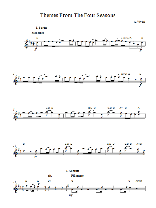 Antonio Vivaldi Themes from The Four Seasons Sheet Music Notes & Chords for Melody Line & Chords - Download or Print PDF