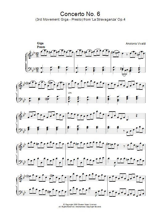 Antonio Vivaldi Concerto No.6 (3rd Movement: Giga, Presto) from ‘La Stravaganza' Op.4 Sheet Music Notes & Chords for Piano - Download or Print PDF