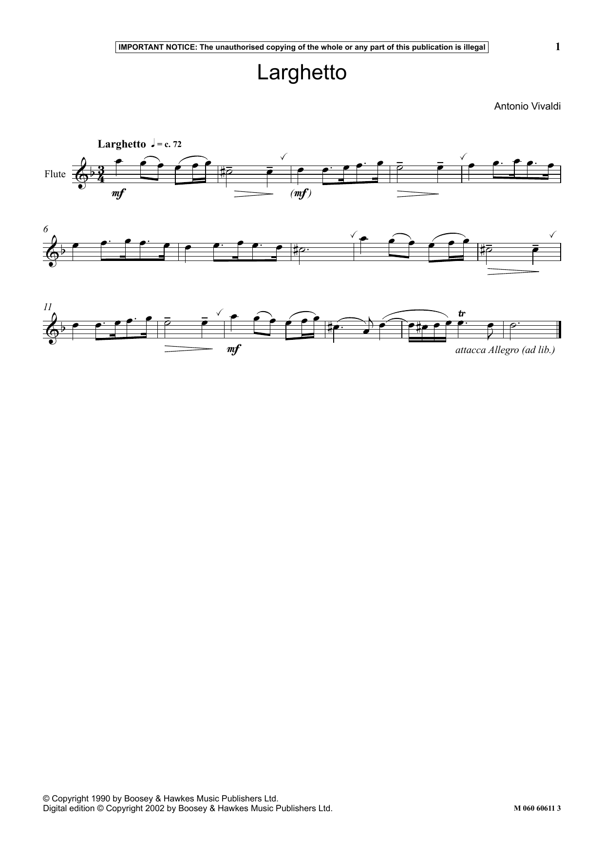 Antonio Vivaldi Larghetto Sheet Music Notes & Chords for Instrumental Solo - Download or Print PDF
