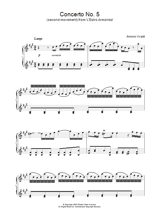 Antonio Vivaldi Concerto No.5 (2nd Movement: Largo) from ‘L'Estro Armonico' Op.3 Sheet Music Notes & Chords for Piano - Download or Print PDF