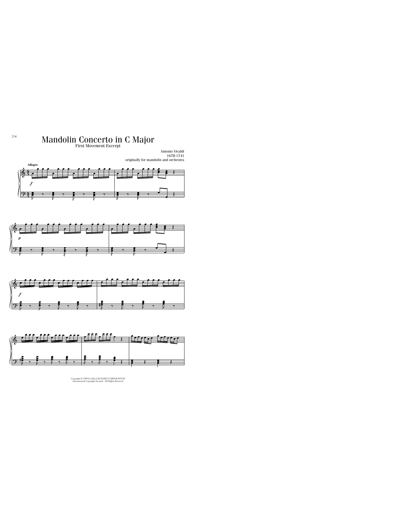 Antonio Vivaldi Mandolin Concerto in C Major Sheet Music Notes & Chords for Piano Solo - Download or Print PDF