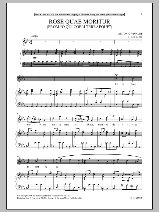 Antonio Vivaldi Rose Quae Moritur (from O Qui Coeli Terraeque) Sheet Music Notes & Chords for Piano & Vocal - Download or Print PDF
