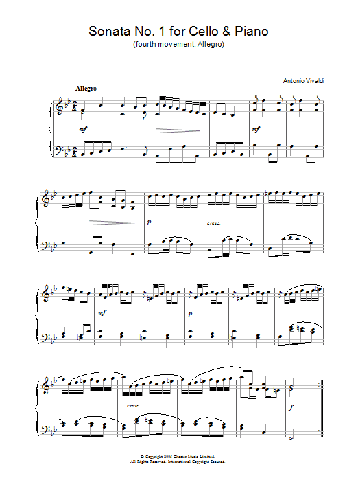 Antonio Vivaldi Sonata No.1 for Cello & Piano (4th Movement: Allegro) Sheet Music Notes & Chords for Piano - Download or Print PDF