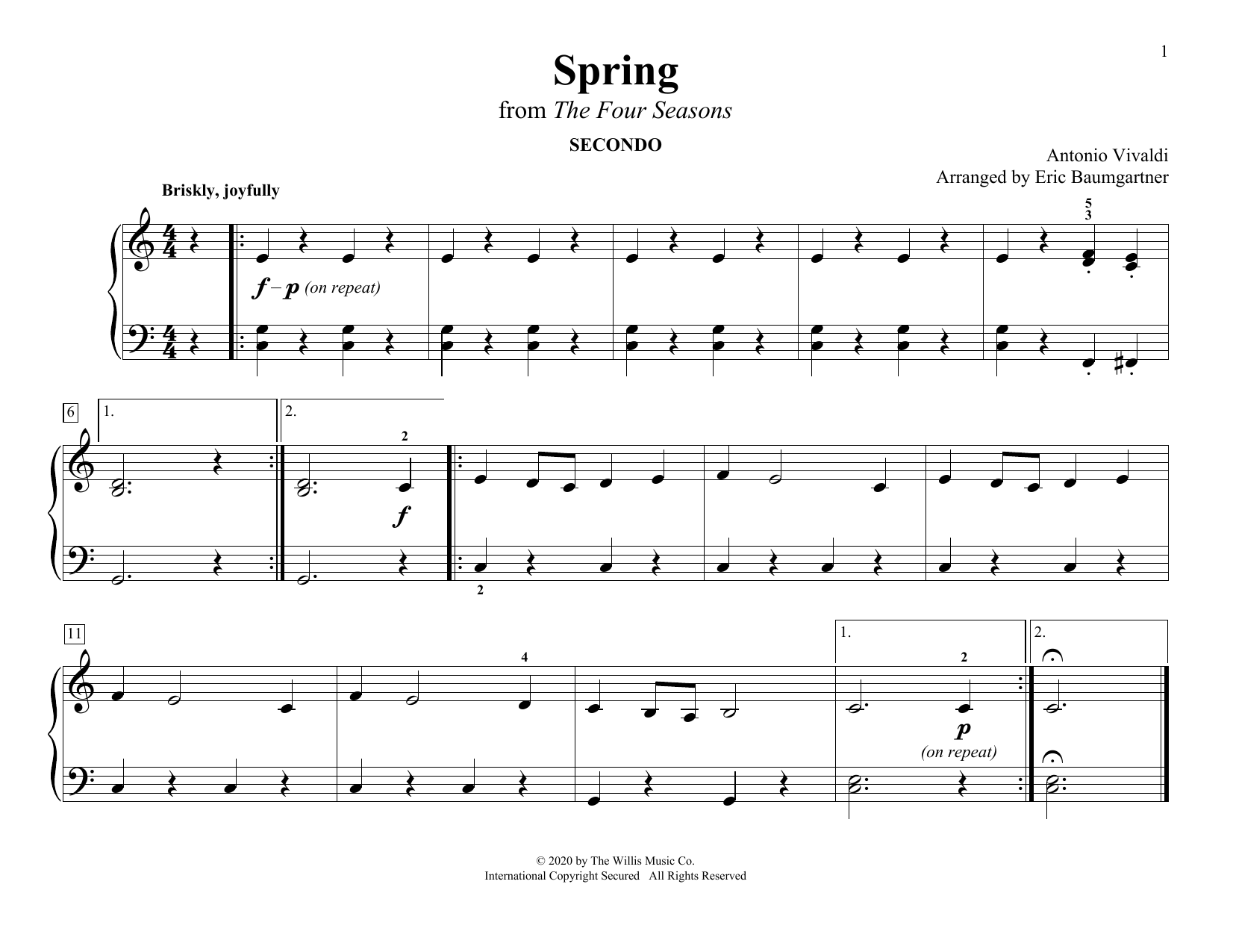 Antonio Vivaldi Spring (from The Four Seasons) (arr. Eric Baumgartner) Sheet Music Notes & Chords for Piano Duet - Download or Print PDF