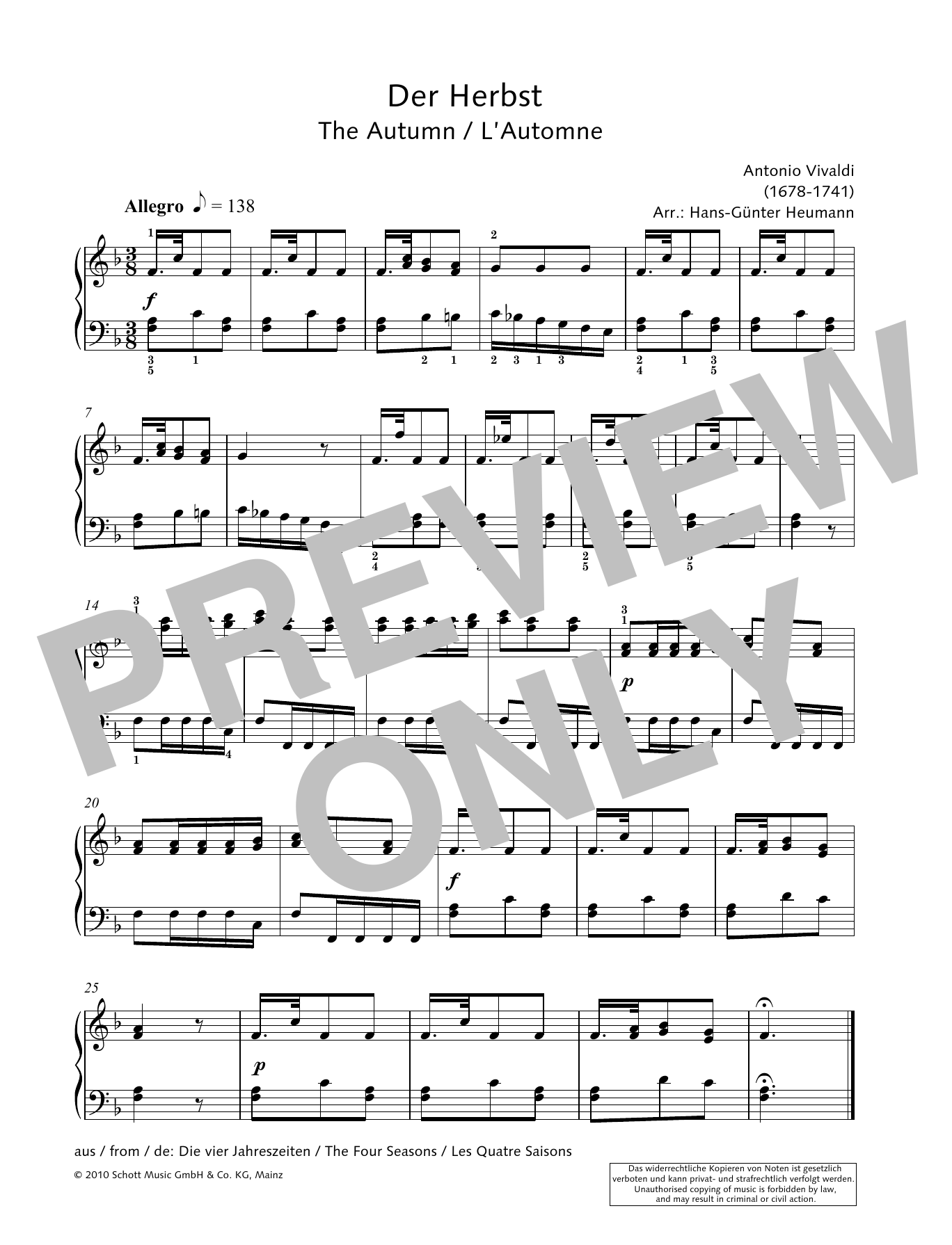 Antonio Vivaldi The Autumn Sheet Music Notes & Chords for Piano Solo - Download or Print PDF