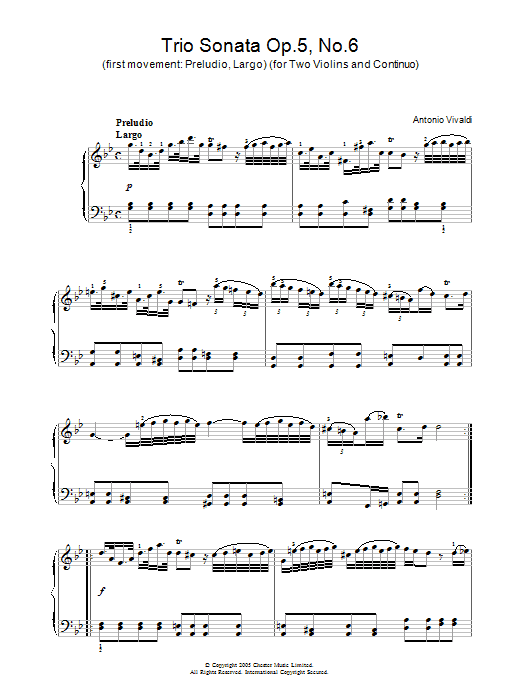 Antonio Vivaldi Trio Sonata Op.5, No.6 (1st Movement: Preludio, Largo) (for Two Violins and Continuo) Sheet Music Notes & Chords for Piano - Download or Print PDF