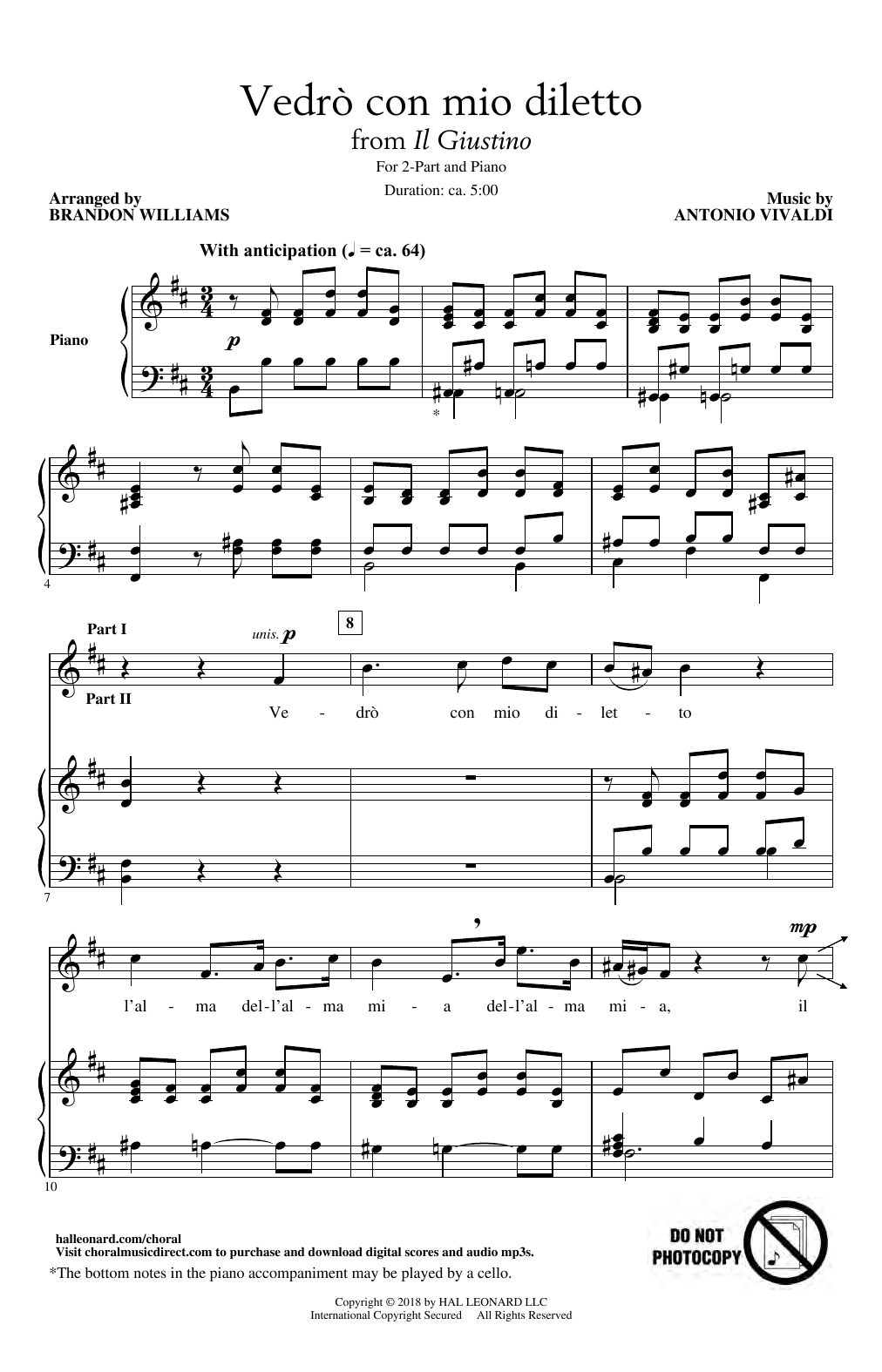 Antonio Vivaldi Vedro Con Mio Diletto (arr. Brandon Williams) Sheet Music Notes & Chords for 2-Part Choir - Download or Print PDF