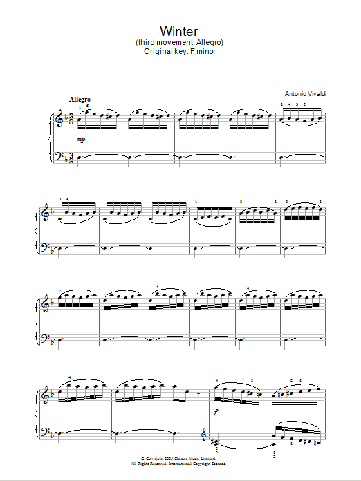 Antonio Vivaldi Winter from The Four Seasons (Third movement: Allegro) Sheet Music Notes & Chords for Piano - Download or Print PDF