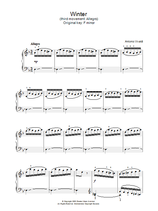 Antonio Vivaldi Winter (3rd Movement: Allegro) Sheet Music Notes & Chords for Piano - Download or Print PDF