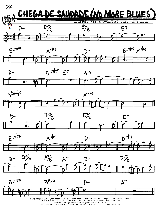 Preview Antonio Carlos Jobim Chega De Saudade (No More Blues) Jazz sheet music, notes and chords for Real Book - Melody, Lyrics & Chords - C Instruments, SKU: 60862 Chega De Saudade (No More Blues) sheet music