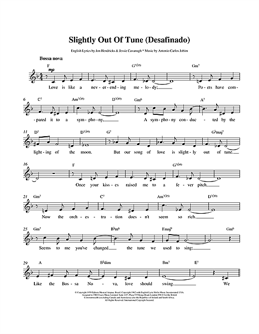 Preview Antonio Carlos Jobim Desafinado (Slightly Out Of Tune) Jazz sheet music, notes and chords for Melody Line & Chords, SKU: 14166 Desafinado (Slightly Out Of Tune) sheet music