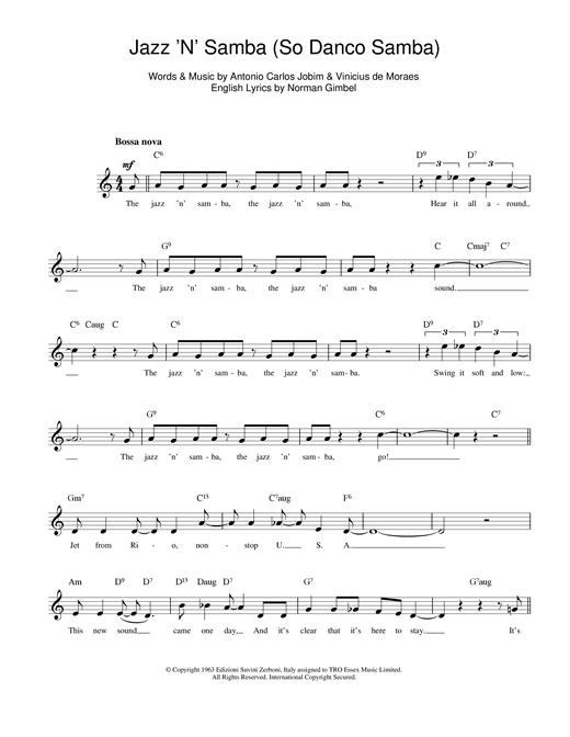 Preview Antonio Carlos Jobim Jazz 'n' Samba Jazz sheet music, notes and chords for Melody Line, Lyrics & Chords, SKU: 14074 Jazz 'n' Samba sheet music