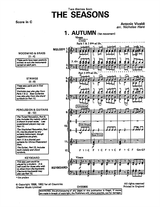 Antonio Vivaldi Autumn and Winter (from The Four Seasons) Sheet Music Notes & Chords for Classroom Band Pack - Download or Print PDF