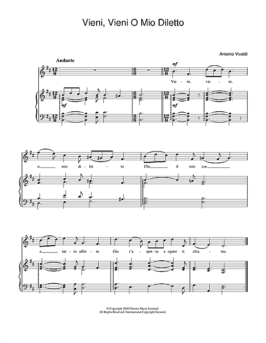 Antonio Vivaldi Vieni, Vieni O Mio Diletto Sheet Music Notes & Chords for Piano & Vocal - Download or Print PDF