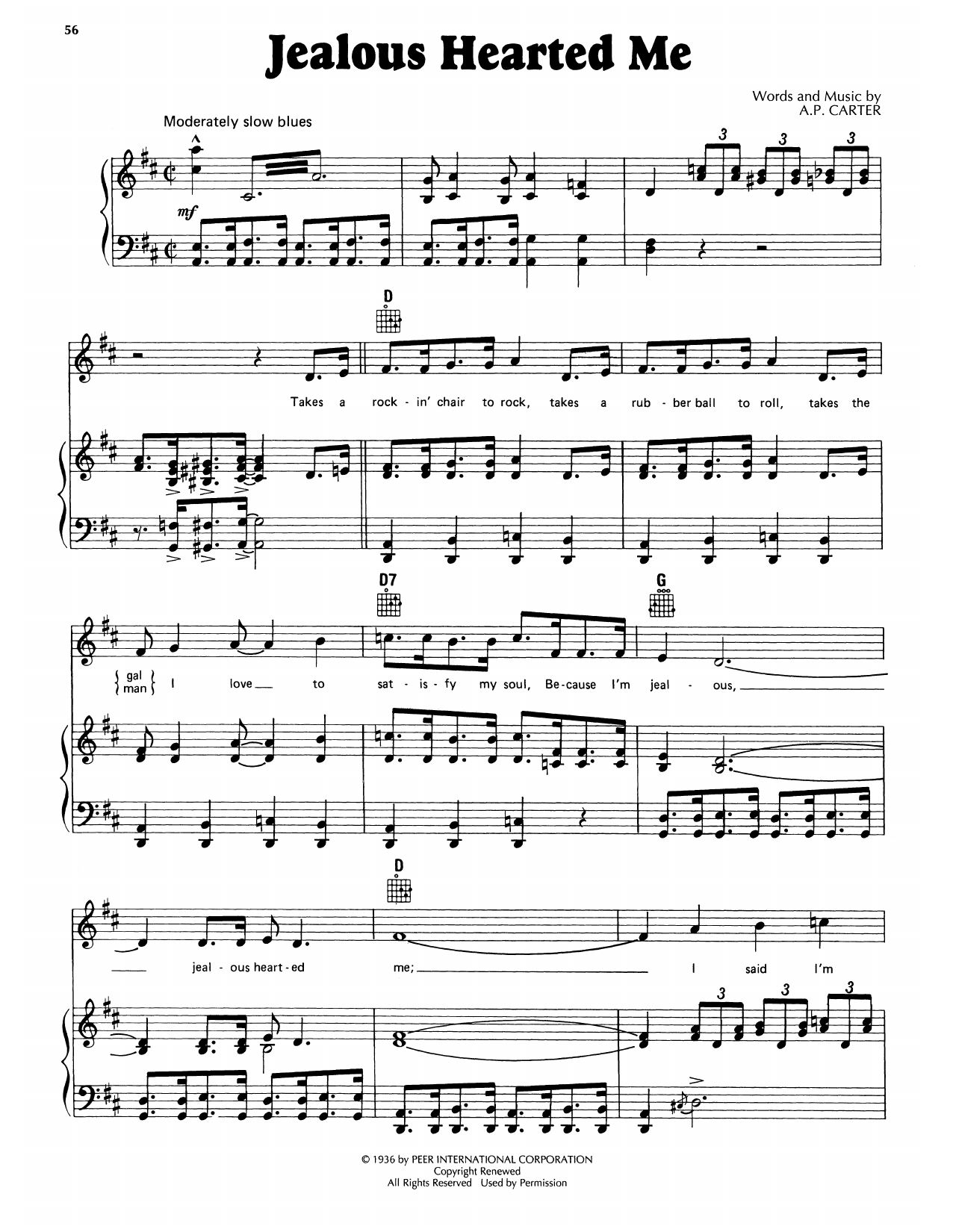 A.P. Carter Jealous Hearted Me Sheet Music Notes & Chords for Piano, Vocal & Guitar Chords (Right-Hand Melody) - Download or Print PDF